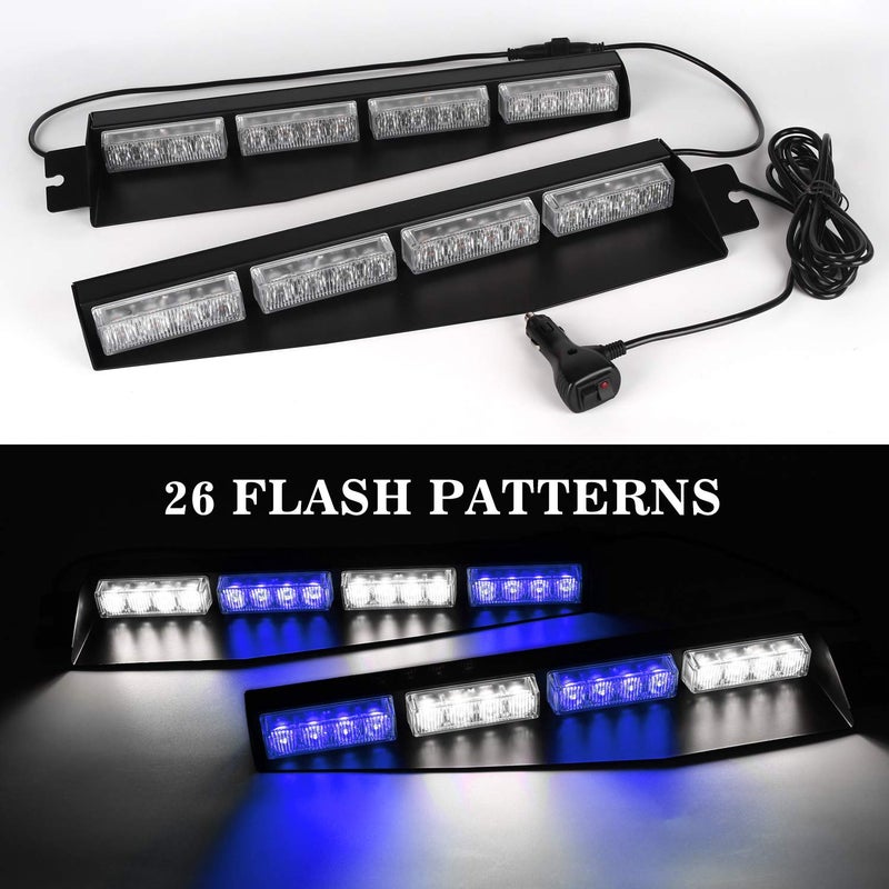 ASPL 32LED Visor Lights 26 Flash Patterns Windshield Emergency Hazard Warning Strobe Beacon Split Mount Deck Dash Lamp with Extend Bracket (Blue/White/Blue/White) - Image 2